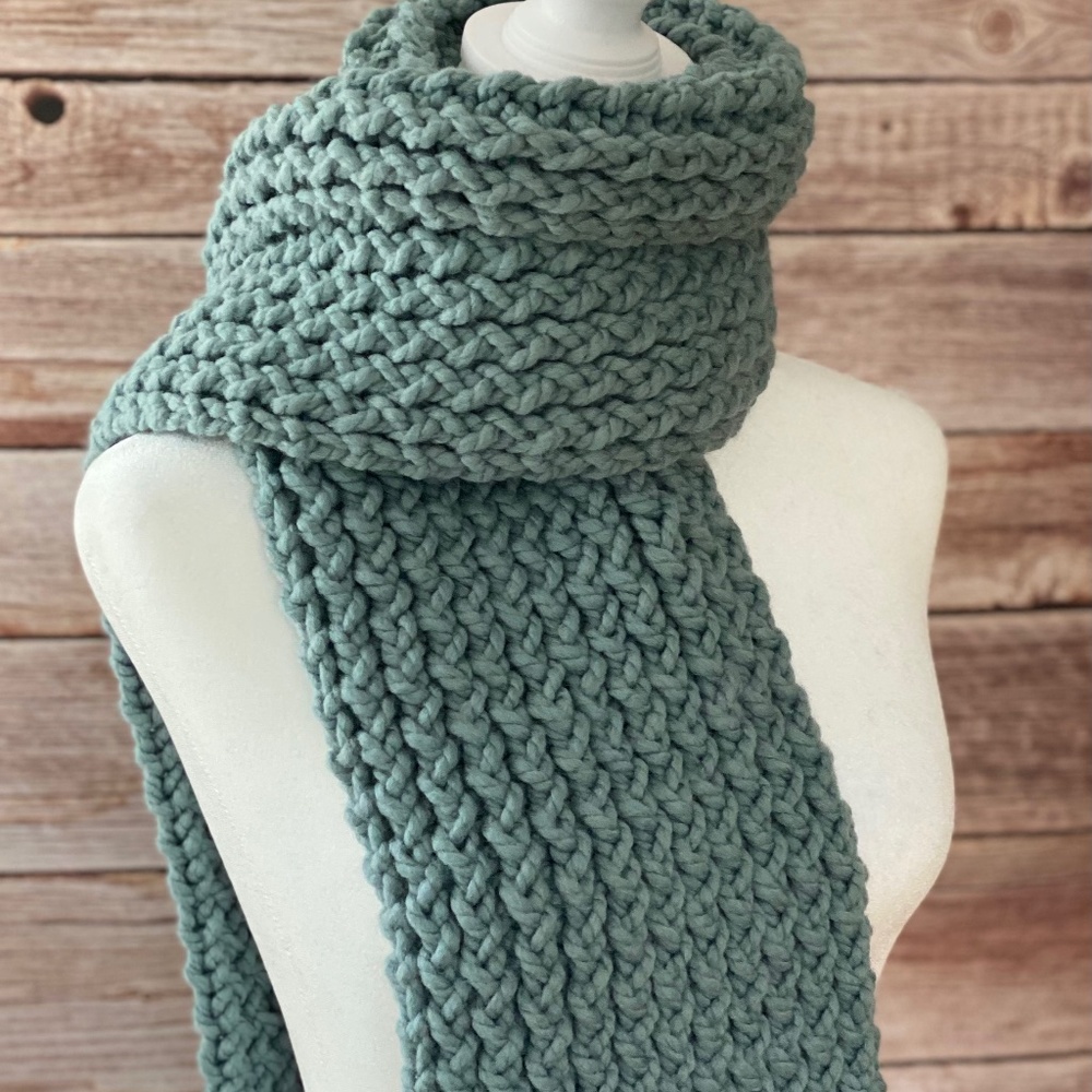 Chunky Green Gray  Long Knit Scarf Wool Blend